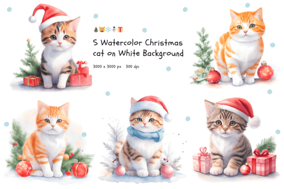 5 Christmas Cat on White Background: Festive Watercolor Charm for Your Projects