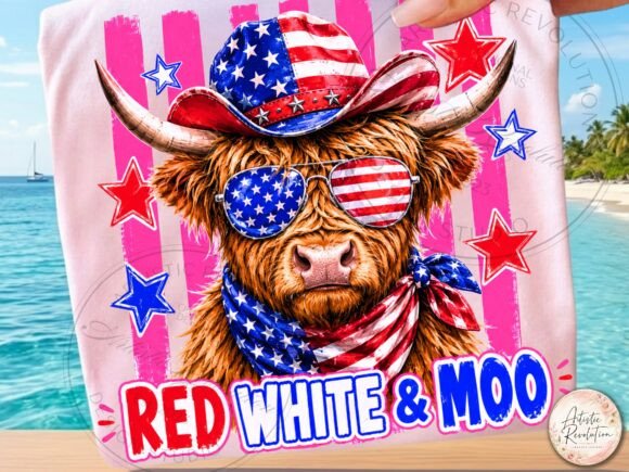 Celebrate with a Highland Twist: The 4th of July Patriotic Highland Cow PNG