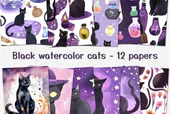 Unleash Spooky Elegance with Black Watercolor Cats Papers
