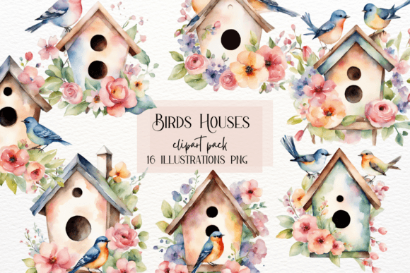 Watercolor Spring Birdhouses with Flowers: A Whimsical Design Asset